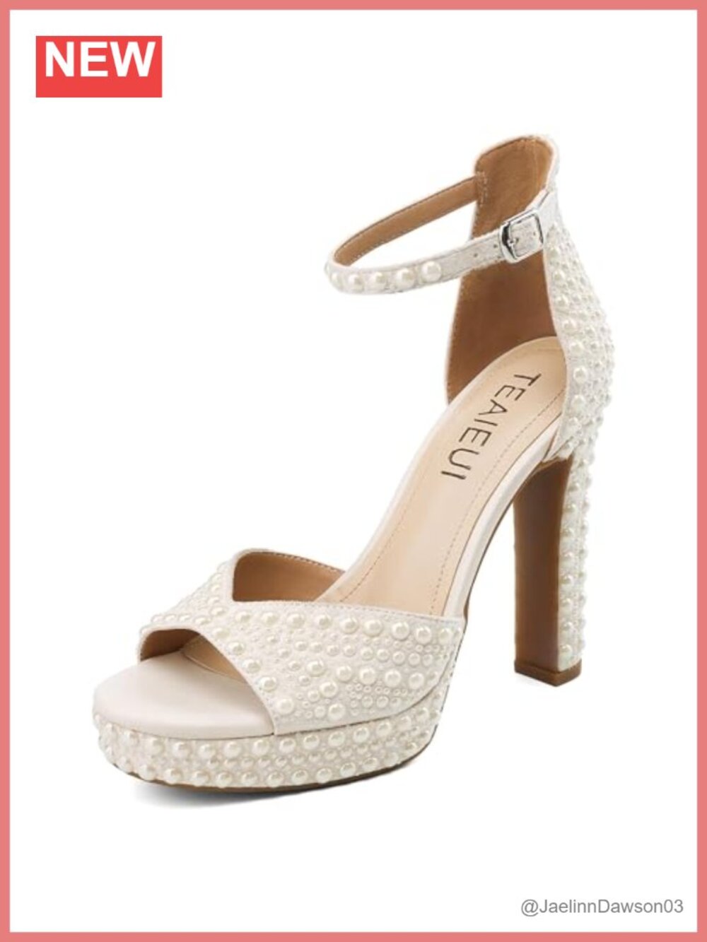 Pearl Platform Heels for Women, Peep Open Toe Block Heeled Sandals with Ankle